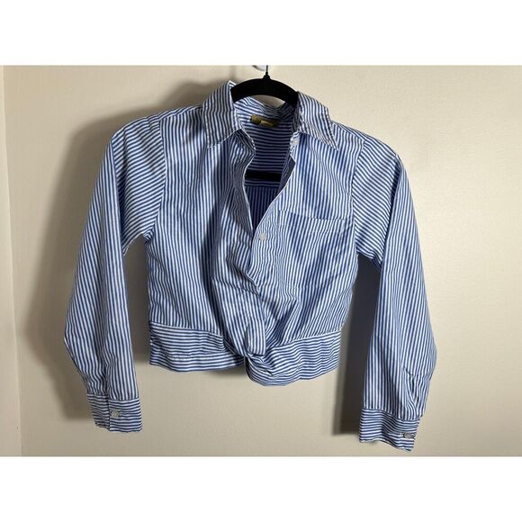Vintage Blue and White Striped Button Up Cropped Shirt Size Small - Picture 1 of 5